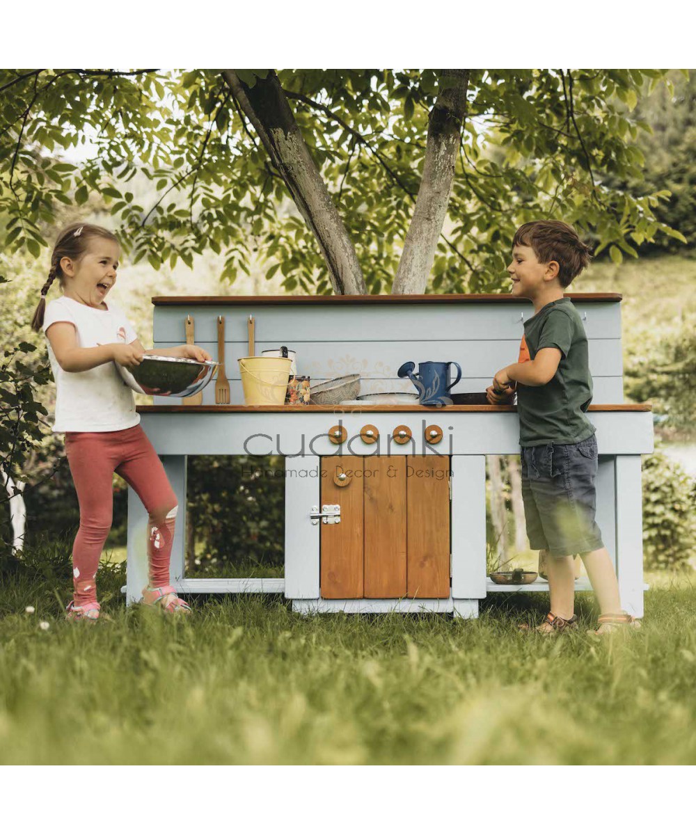 Kuchnia Błotna 150 cm drewniana Montessori z szafką i dwoma zlewami