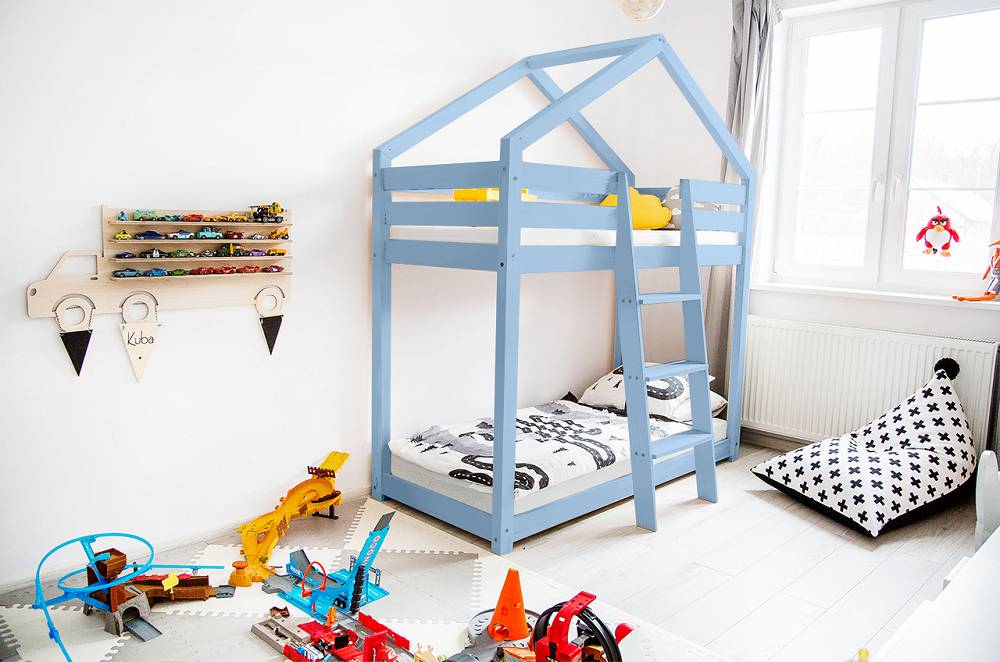 skandynawskie łóżko drewniane dla dzieci domek piętrowe NIEBIESKIE CUDANKI