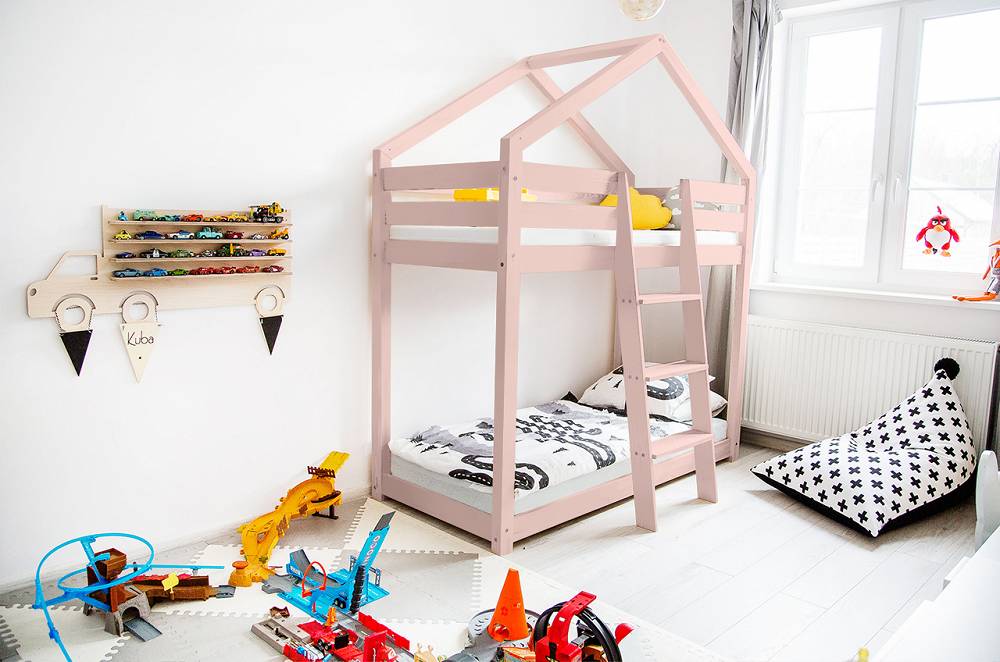 skandynawskie łóżko drewniane dla dzieci domek piętrowe PASTELOWY RÓŻ CUDANKI